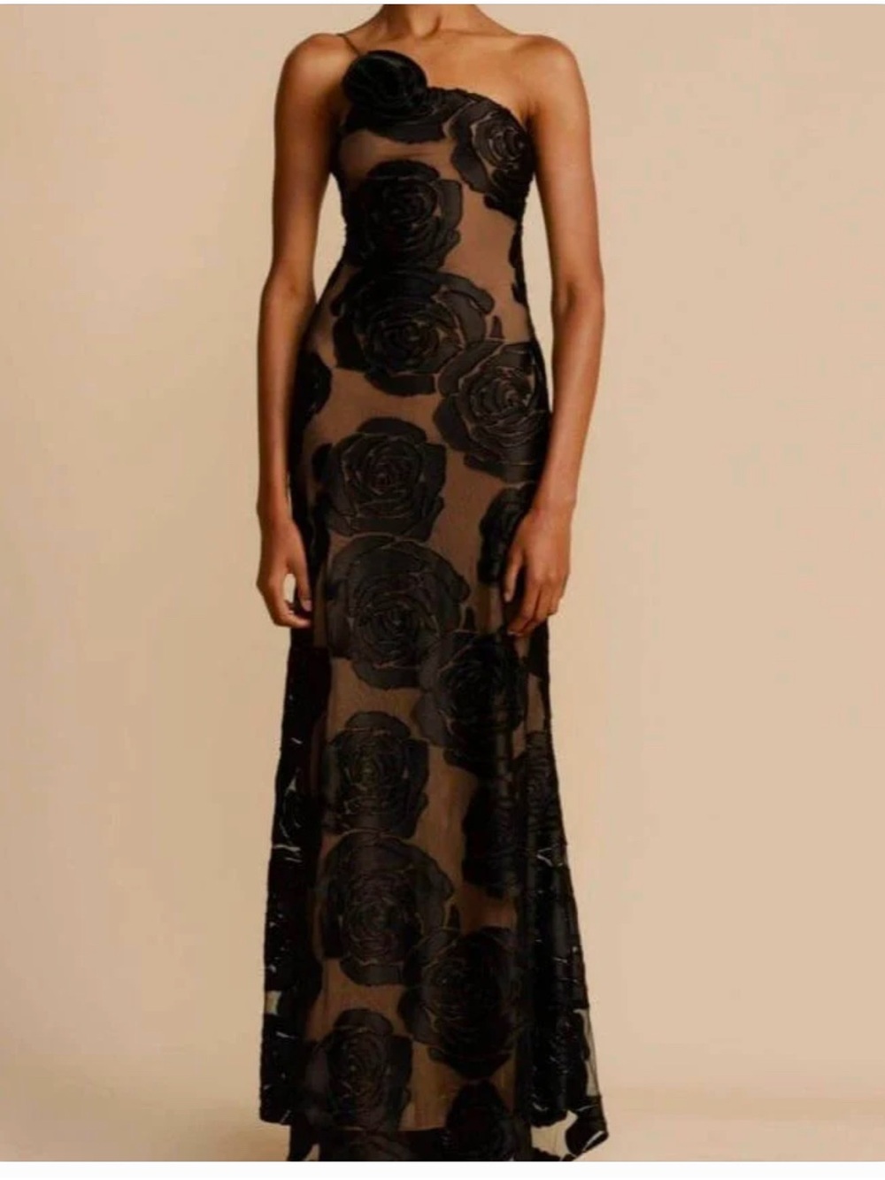 Strapless Black Floral Appliqué Evening Gown